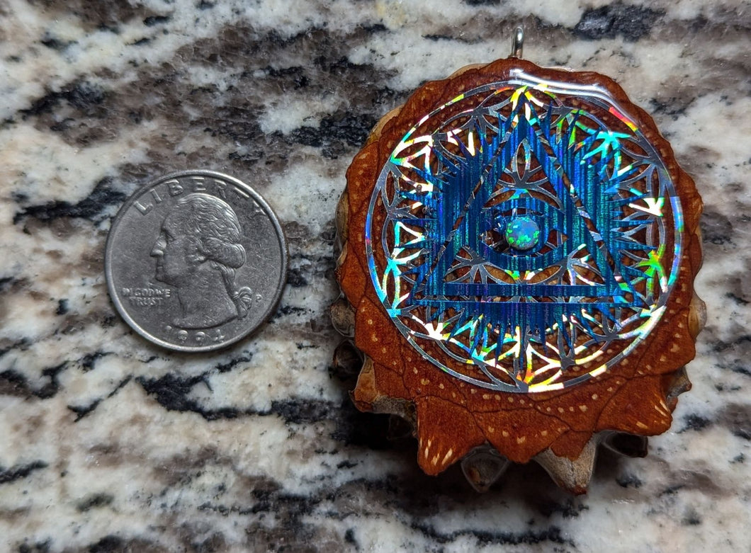 All seeing eye over flower of life w/opal